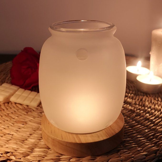 Brûle parfum en verre sur socle bois