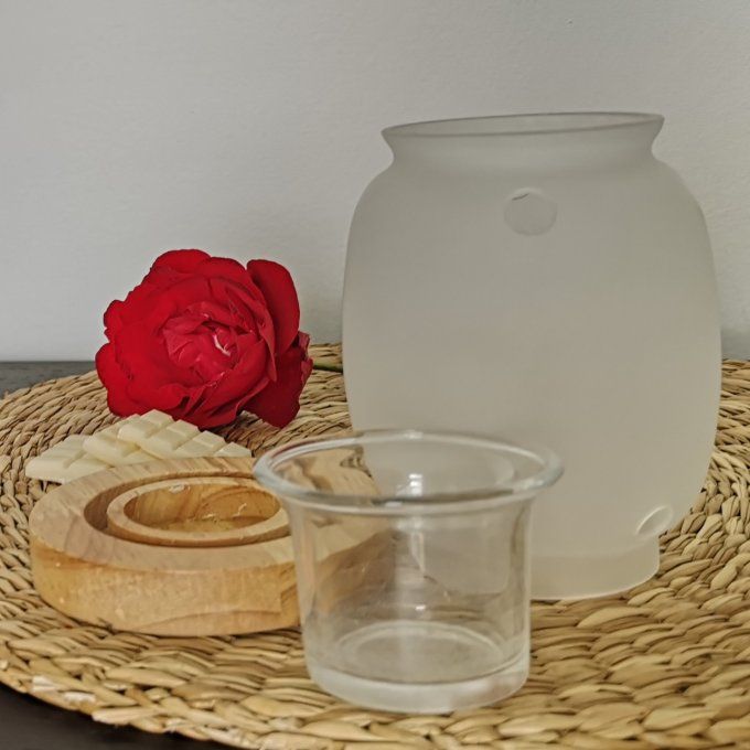 Brûle parfum en verre sur socle bois